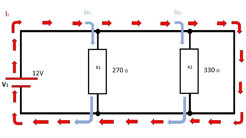Circuito elétrico com associação de resistores em paralelo. Circuito com duas cargas legadas em paralelo.