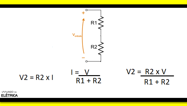 Circuito elétrico divisor de tensão e calculos de tensão e corrente. Configuração de um circuito divisor de tensão.