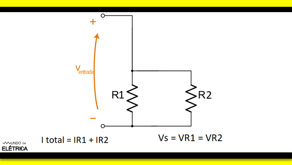 Circuito elétrico com duas resistências em paralelo e uma fonte de tensão. Circuito com duas resistências em paralelo.