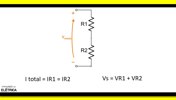 Circuito elétrico com resistências e fonte de tensão. Circuito com duas resistências em série.
