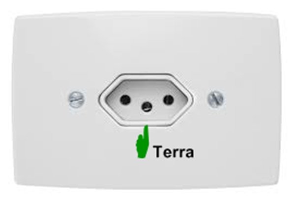 Novo padrão, com pino terra. Tomada com pino terra.