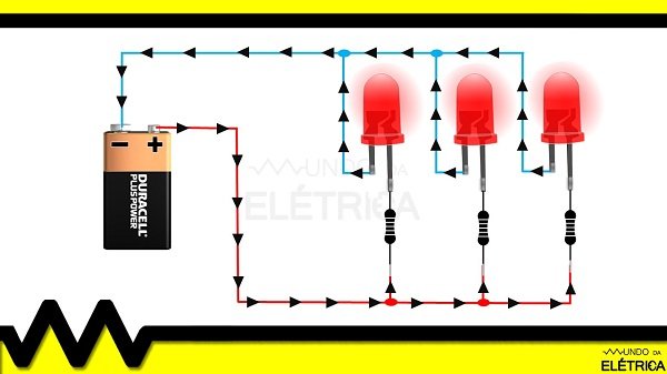 Resistores em série com LED's ligados em bateria.