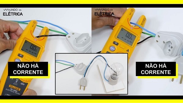 Teste de corrente elétrica no cabo de fase e neutro.