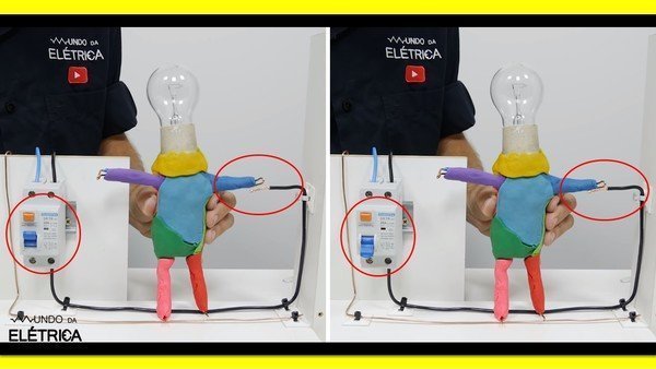 O DR desarma, pois identificar uma fuga de corrente elétrica.