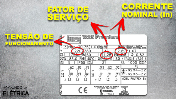 Exemplo de dimensionamento de disjuntor motor com informações da placa do motor.
